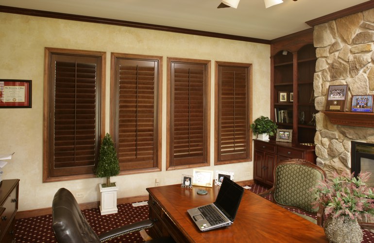 Hardwood plantation shutters in a Salt Lake City home office